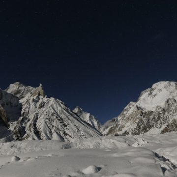 The world's second largest mountain, the 8,611 meter high K2 is illuminated by the moon at Concordia in the Karakoram mountain range in Pakistan Rescue Efforts Continue for Climbers on Broad Peak in Pakistan