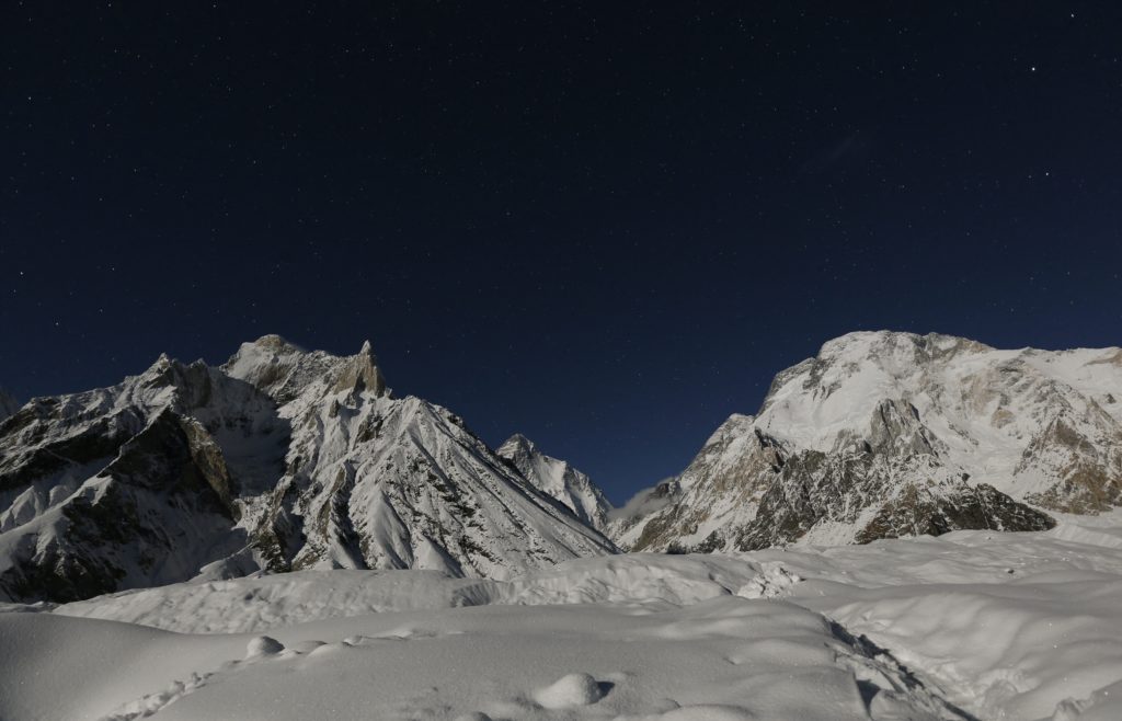 The world's second largest mountain, the 8,611 meter high K2 is illuminated by the moon at Concordia in the Karakoram mountain range in Pakistan Rescue Efforts Continue for Climbers on Broad Peak in Pakistan